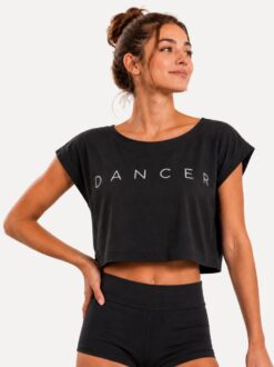 Tshirt, crop top met aangeknipt mouwtje en opdruk Dancer.